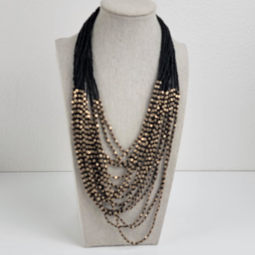 You And I 18-Strand Gold And Black Beaded Necklace 22 In  Bib Layered Seed Bead